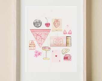 May include: A framed print with a pink and white color scheme featuring a variety of illustrations, including a disco ball, a cherry, a heart, a bikini, a box of matches, a martini glass, a playing card, and a vintage camera.