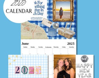 May include: A 2025 calendar with a blue and white checkered background. The calendar is decorated with various images, including a map, a picture of a woman on a beach, and a basket. The month of June is highlighted, and the calendar includes the days of the week and numbers for each day.