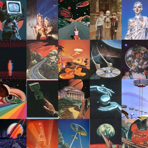 May include: A collage of images with a retro futuristic theme. The images include a television screen, a woman in a futuristic outfit, a cityscape, a spaceship, and a planet. The images are arranged in a grid pattern.