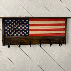 US Flag Coat Rack w/ 5 large hooks and French Cleat for Hanging
