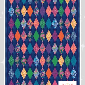 May include: A quilt pattern called "Glow Pop" by Sewing Corals. The pattern is for a quilt measuring 58 inches by 71 inches. The quilt design features a diamond pattern in a variety of colors, including blue, green, orange, pink, and yellow.