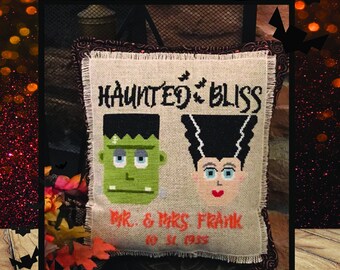 Haunted Bliss, Cross Stitch, *DIGITAL FILE*, Frankenstein, Bride, Hand Embroidery, Pattern, File, Halloween, Design