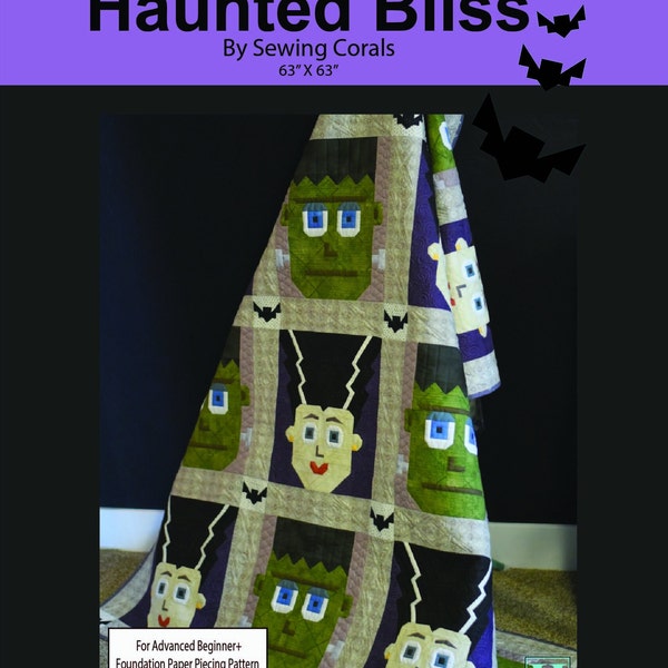 Haunted Bliss, Digital Download, Frankenstein and Bride, Halloween Quilt, Foundation Paper Piecing, Sewing Corals, Bonus Projects INCLUDED!