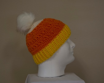 Crocheted Halloween Candy Corn Hat with Pom Pom