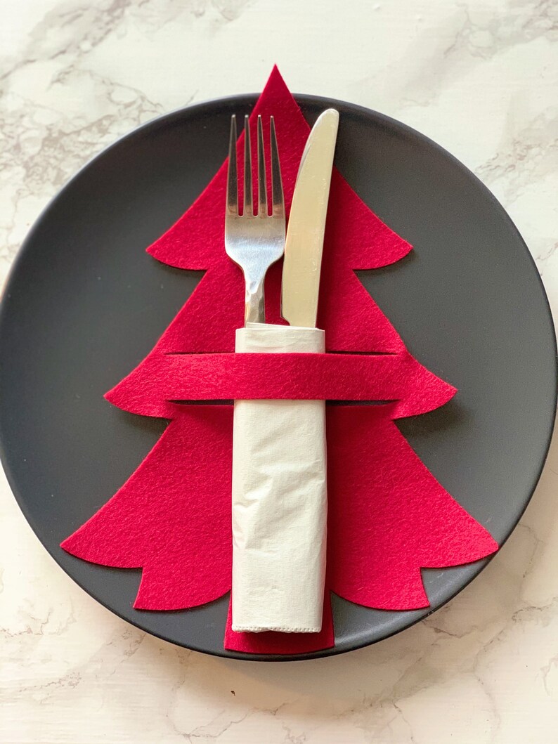 100 Wool felt Red Christmas tree cutlery holder table Etsy