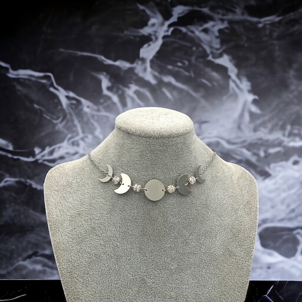 Stainless Steel Moon Phase Choker with Rhinestones