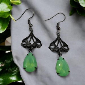 Gothic Earrings, Dangle Earrings, Gothic Jewelry, Gift, Black Earrings, Green Earrings