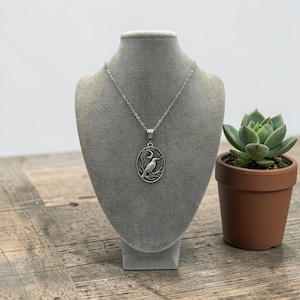 Puede incluir: Un collar con colgante ovalado de tono plateado que presenta un dise&ntilde;o en relieve de un p&aacute;jaro posado en una rama bajo una luna creciente. El colgante cuelga de una delicada cadena plateada, exhibido sobre un busto de terciopelo gris.