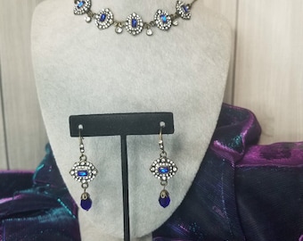 Victorian Bronze Jewelry Set: Sapphire Blue Rhinestone Necklace