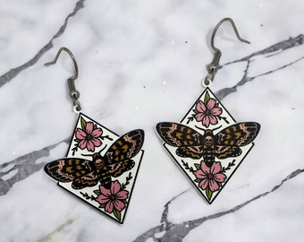 Death's Head Moth Earrings: Painted Stainless Steel, Gothic Floral Jewelry