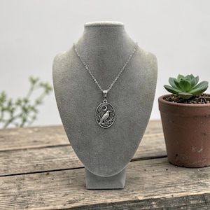 Puede incluir: Un collar de metal plateado con un colgante ovalado. El colgante presenta un dise&ntilde;o en relieve de un p&aacute;jaro posado en una rama bajo una luna creciente, suspendido de una delicada cadena plateada con un patr&oacute;n de eslabones est&aacute;ndar.