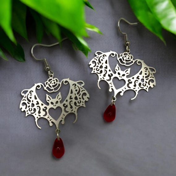 Gothic Bat Earrings, Stainless Steel, Blood Drop, Halloween Jewelry