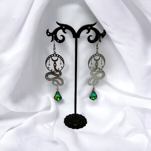 Snake Earrings, Celestial Earrings, Mystical Earrings, Green Earrings Moon Earrings