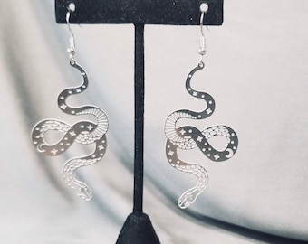 Stainless Steel Snake Earrings: Gothic Serpent with Moon & Stars