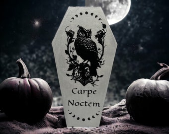 Carpe Nocturne, Coffin Signs, Owl Sign, Gothic Decor, Gothic Wedding, Gothic Sign, 12in Coffin Sign
