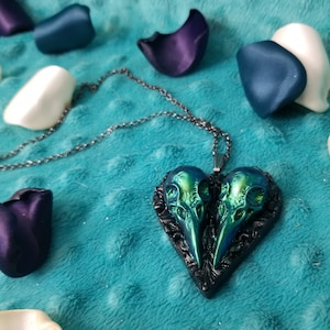 Raven Skull Pendant, Skull and Heart Necklace, Gothic Pendant