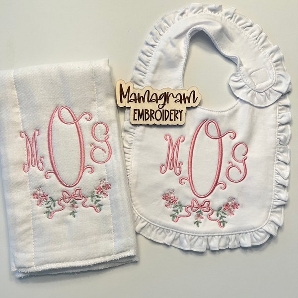 Monogrammed Flower and Bow Burp Cloth or Bib