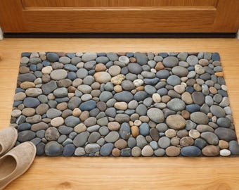 Handmade River Stone  Mat – Natural Pebble Bath Decor, Zen Accent Rug