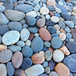 Pu&ograve; includere: Una collezione di pietre lisce e arrotondate in varie dimensioni e colori, tra cui sfumature di grigio, blu, marrone e beige. Le pietre sono strettamente raggruppate, creando una superficie naturale e strutturata.
