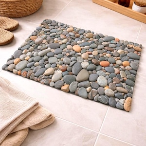 Pu&ograve; includere: Un tappetino da bagno rettangolare realizzato con pietre di fiume grigie, marroni e arancioni di varie dimensioni. Le pietre sono disposte vicine su un supporto scuro. Il tappetino &egrave; su un pavimento piastrellato, con altri accessori da bagno visibili.