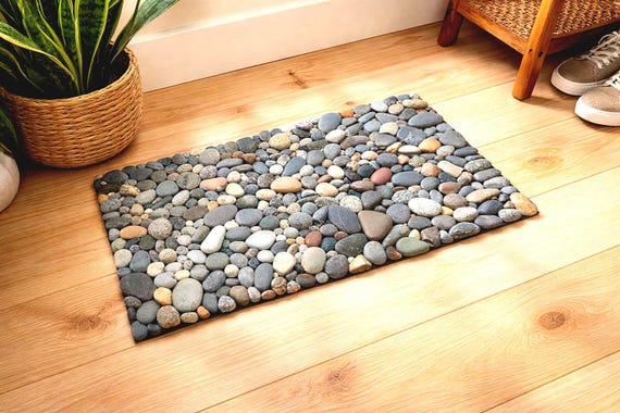 Handmade Multicolored River Stone Mat, 30x 18 Natural Spa Bathroom Decor, Organic Entryway Rug