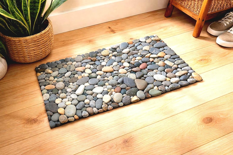 Tappeto artigianale multicolore in pietra di fiume, 30x18 cm, decorazione naturale per bagno e spa, tappeto organico per ingresso. immagine 1