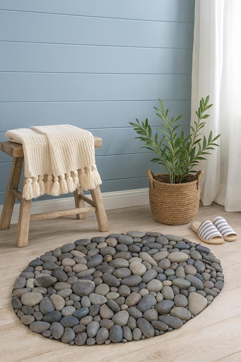 Handmade Oval 24x16 River Stone Mat – Natural Pebble Rug, Spa Bathroom Decor image 9