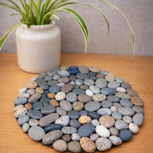 Puede incluir: Un salvamanteles redondo hecho de guijarros de río lisos y multicolores. Las piedras están dispuestas en un patrón circular sobre un respaldo oscuro. Una pequeña maceta de cerámica blanquecina con una planta verde está en el fondo.