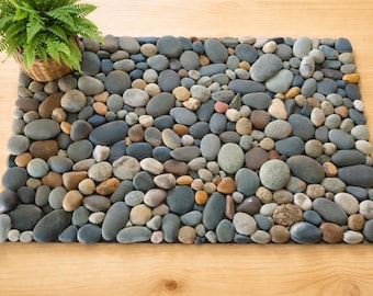 Handmade River Stone  Mat – Natural Pebble Bath Decor, Zen Accent Rug