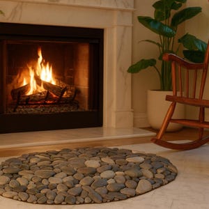 May include: An oval-shaped pebble stone bath mat in front of a fireplace. The mat is made of various gray and brown stones. A wooden rocking chair sits to the right. A fireplace with a burning fire is in the background.
