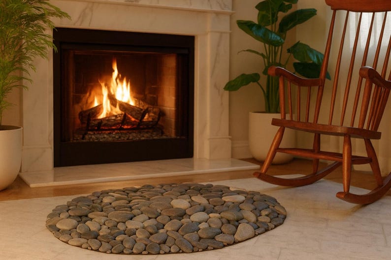 May include: An oval-shaped pebble stone bath mat in front of a fireplace. The mat is made of various gray and brown stones. A wooden rocking chair sits to the right. A fireplace with a burning fire is in the background.
