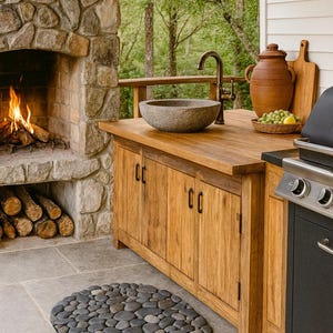 May include: Outdoor kitchen with a stone fireplace, wooden cabinets, and a stone sink. A black grill is on the right. A round pebble mat is on the floor. A wooden cutting board and a brown ceramic pot are on the countertop.