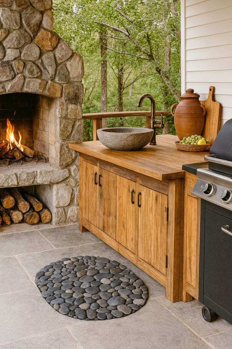 May include: Outdoor kitchen with a stone fireplace, wooden cabinets, and a stone sink. A black grill is on the right. A round pebble mat is on the floor. A wooden cutting board and a brown ceramic pot are on the countertop.