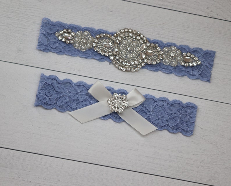 Non Slip Wedding Garter Blue Rhinestone blue lace wedding garter bling Something blue garter vintage pearls Steel Blue Wedding Garter