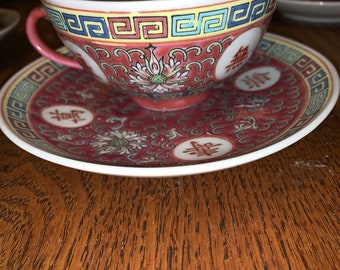 Vintage Asian Famille Rose Mun Shou Longevity Porcelain Dinner Plate Blue 10/"