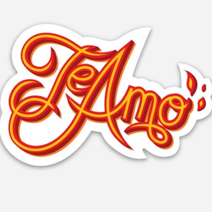 May include: A sticker with the words "Te Amo" in a stylized script. The text is in red and yellow, with a shadow effect, and is outlined in a darker red. The sticker has a white border.