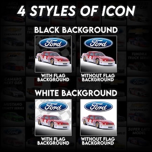 Pu&ograve; includere: Quattro stili diversi di un'icona di auto Ford rossa con sfondo bianco e sfondo nero. L'icona include il logo Ford e il numero 9 sull'auto. Il testo "Con sfondo bandiera" e "Senza sfondo bandiera" &egrave; visualizzato sotto ogni icona.