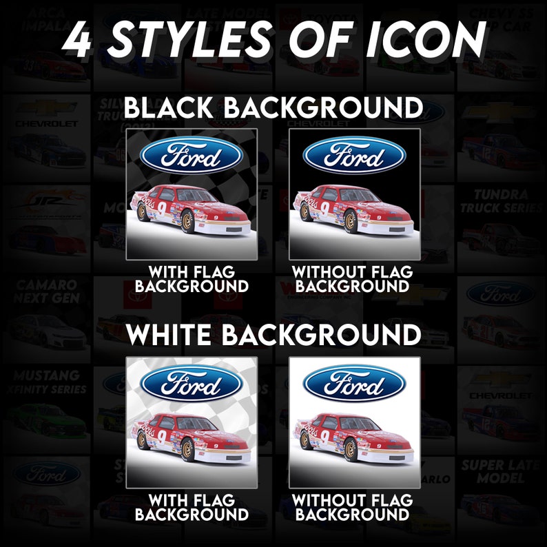 Pu&ograve; includere: Quattro stili diversi di un'icona di auto Ford rossa con sfondo bianco e sfondo nero. L'icona include il logo Ford e il numero 9 sull'auto. Il testo "Con sfondo bandiera" e "Senza sfondo bandiera" &egrave; visualizzato sotto ogni icona.