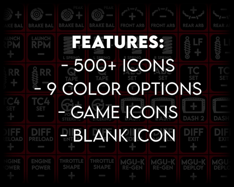 May include: A black and white image of a grid of buttons with various icons and text. The buttons are red with white text and icons. The text reads "FEATURES: - 500+ ICONS - 9 COLOR OPTIONS - GAME ICONS - BLANK ICON".