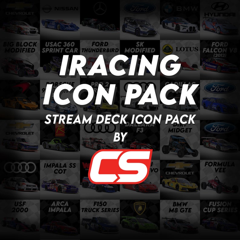 Pu&ograve; includere: Un collage di icone di corse automobilistiche per il gioco iRacing. Le icone sono disposte in una griglia con il testo "iRacing Icon Pack" e "Stream Deck Icon Pack" al centro. Il testo "By CS" &egrave; nella parte inferiore centrale dell'immagine.