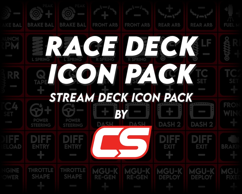May include: A black and red graphic design with the text "Race Deck Icon Pack" and "Stream Deck Icon Pack" in white. The design features a variety of icons related to racing, including a steering wheel, a checkered flag, and a gear shift.