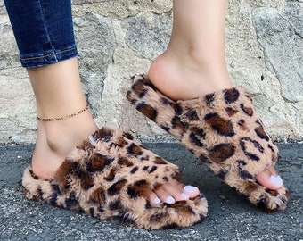 leopard fur sandals