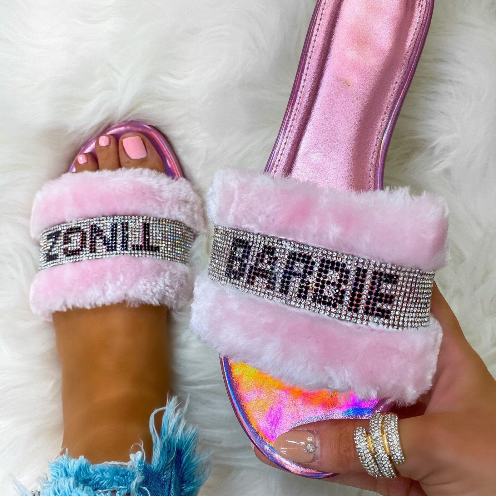 Barbie Tingz Furry Rhinestone Slides Faux Fur Fuzzy Bling | Etsy