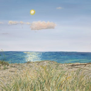 May include: A painting of a beach scene with a bright yellow sun in the sky, a single pink cloud, and a blue ocean with sparkling reflections. The foreground shows tall green grass growing on the sand.