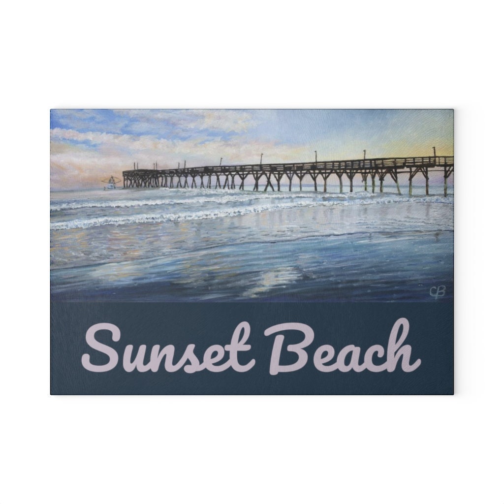 Sunset Beach Pier North Carolina Original Oil Painting Print on a Glass Cutting Board