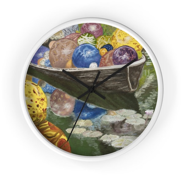Abstract Landscape, Lily Pad Painting, Chihuly Inspired Glass Globes Boat Original Oil Painting Print Wall Clock
