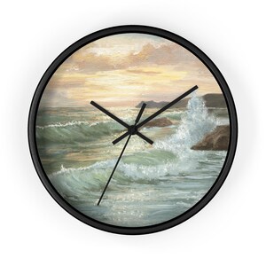 Ocean Waves At Sunset, Beach Surf, Original Oil Painting Print On A Wall clock