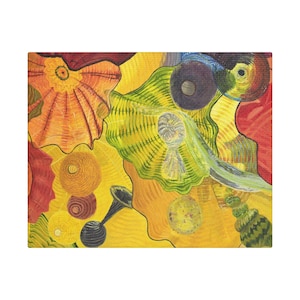 May include: Abstract art print featuring a vibrant composition of organic shapes in shades of yellow, orange, green, and red. The artwork includes circular and flowing forms, creating a dynamic and colorful visual experience.