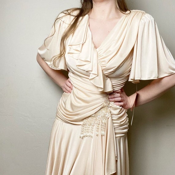 Vintage 80s Drop Waist Ruffle Ruched Beaded Dress