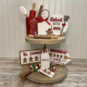 Gingerbread Tiered Tray Decor Set | Christmas Décor | Wood Christmas Décor | Red & White Christmas Décor